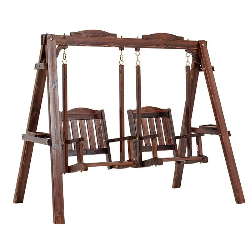 Outdoor solid wood swing rocking chair leisure courtyard double hanging chair pastoral balcony carbonized wood hanging chair