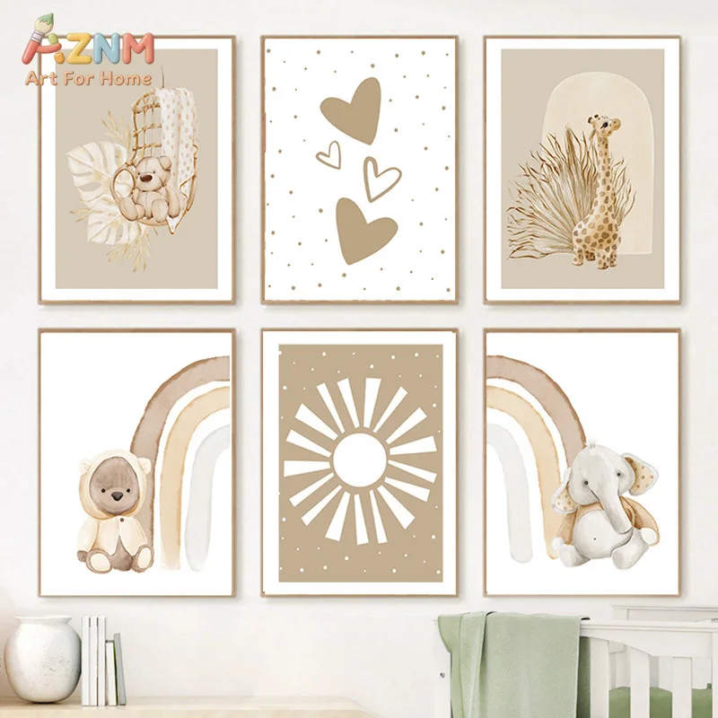 AZNM Neutral Beige Watercolor Canvas Print Bear Giraffe Elephant Rainbow Sun Heart Boho Minimalist Baby Nursery Unframed Wall Po