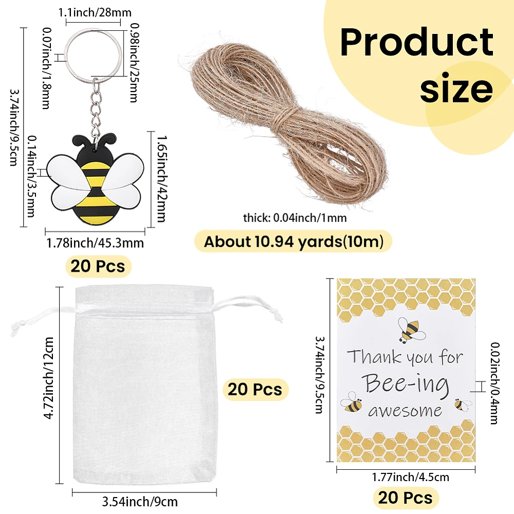 20Pcs Bee Keychain Party Favor Bumble Bee Keyring Pack Honeybee Charm Key Chain Bags Thank You Tags Metal Key Ring for Bag