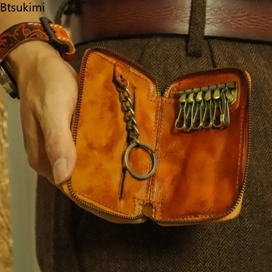 Luxury High Quality Original Leather Men Key Holder Organizer Pouch Wallet Retro Housekeeper Key Case Men's Waist Zipper Key Bag