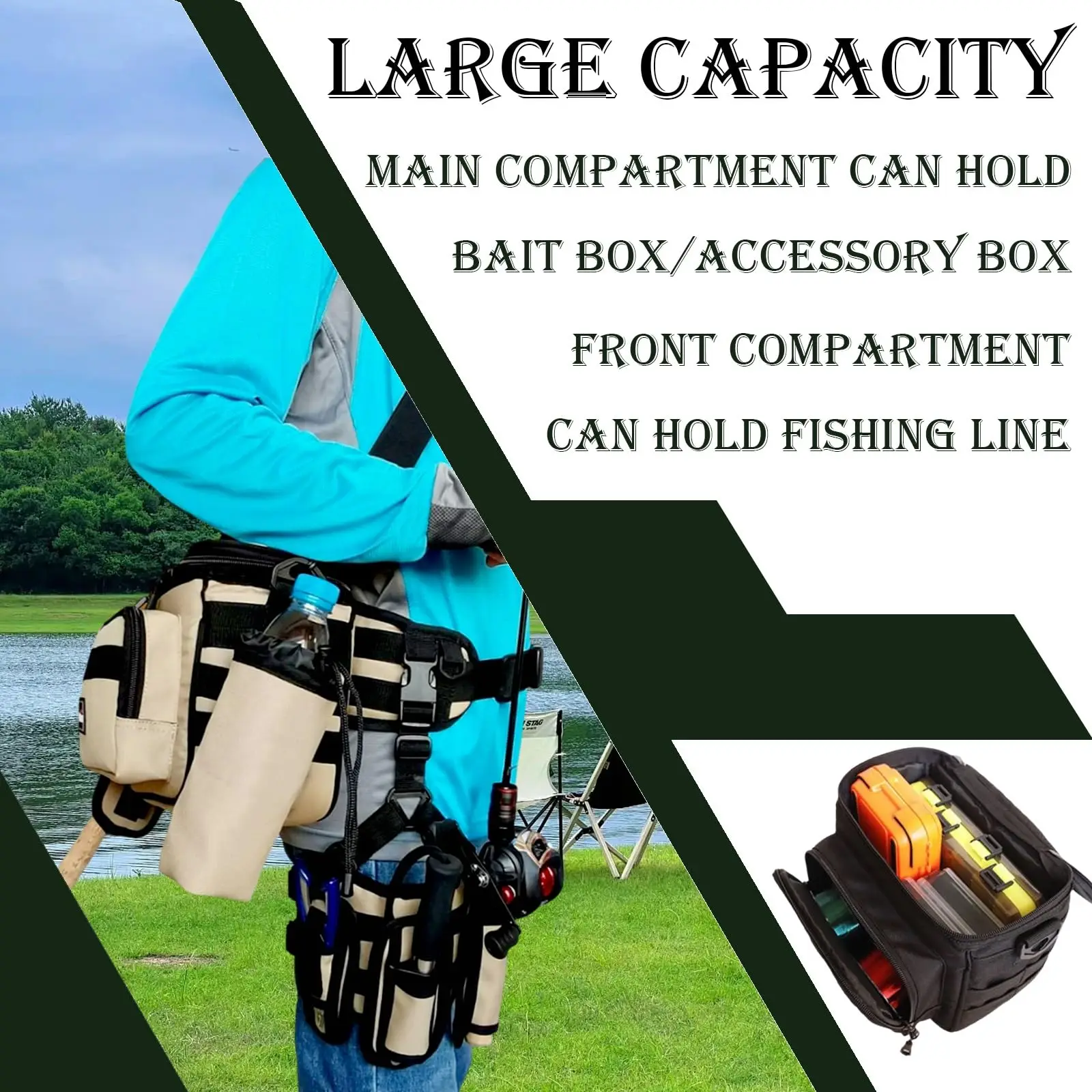 Multifunctional Fishing Tackle Bags with MOLLE System & Water Bottle Holder Fish Lures Gear Utility Storage Fishing Waist Pack