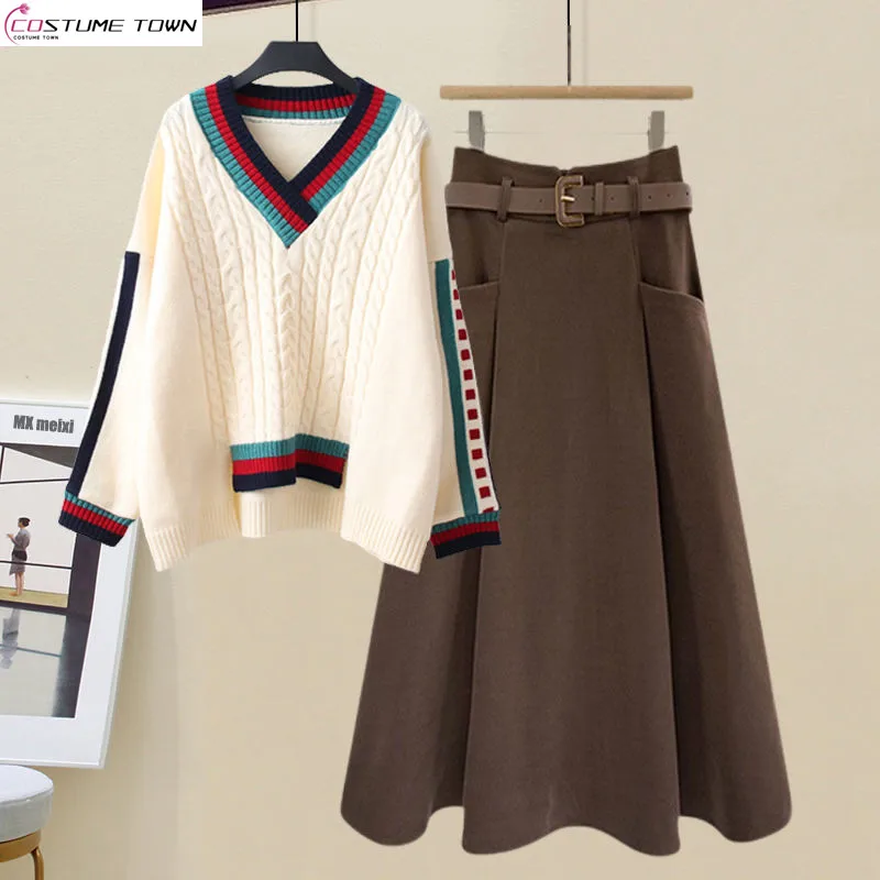 

Autumn Gentle Style Women's 2024 New Korean Edition Loose and Fashionable Style Long sleeved Knitted Sweater Half Skirt Set