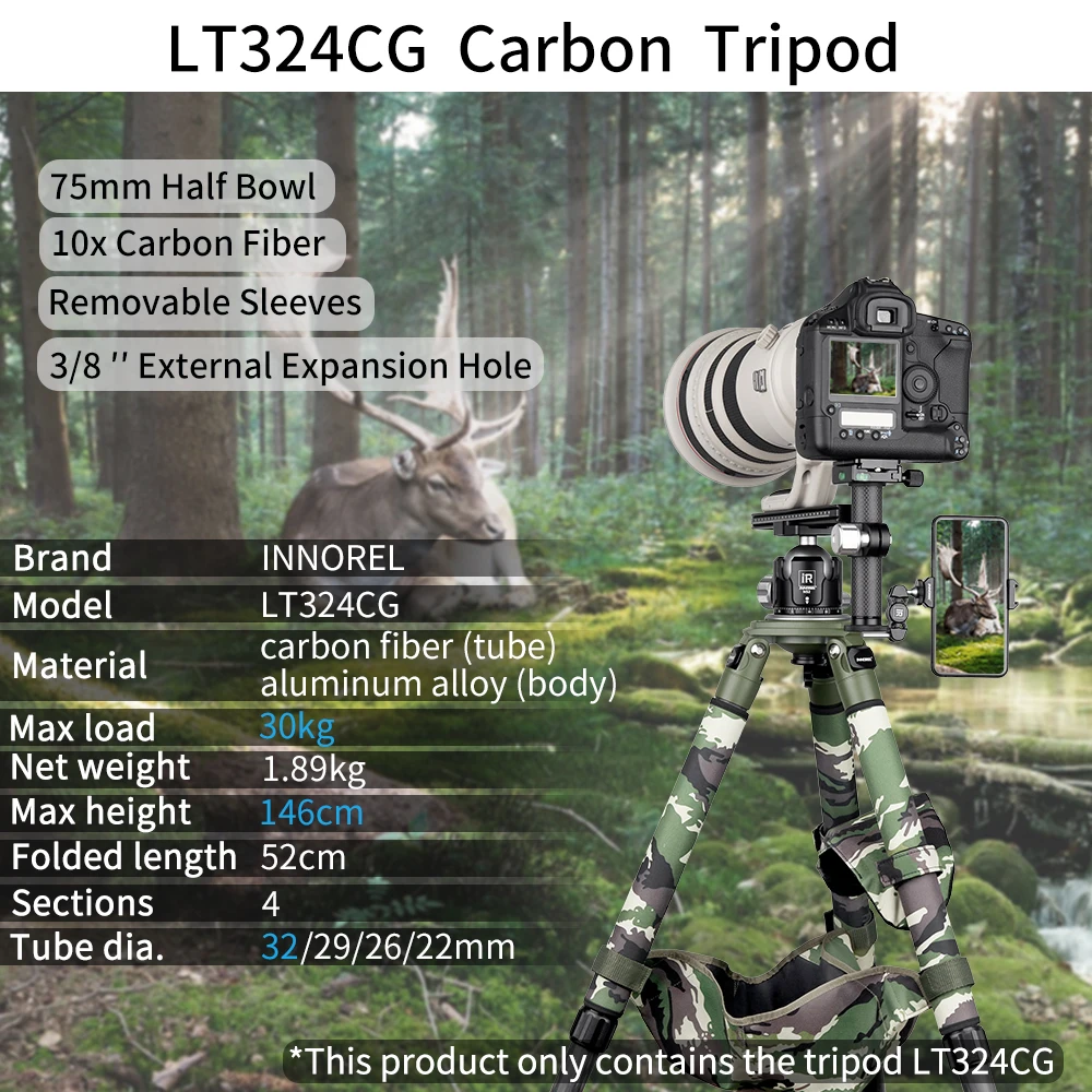 LT324CG Camouflage Carbon Fiber Tripod for Canon Nikon DSLR Camera Professional Birdwatching Heavy Duty Tripod Stand 30kg Load