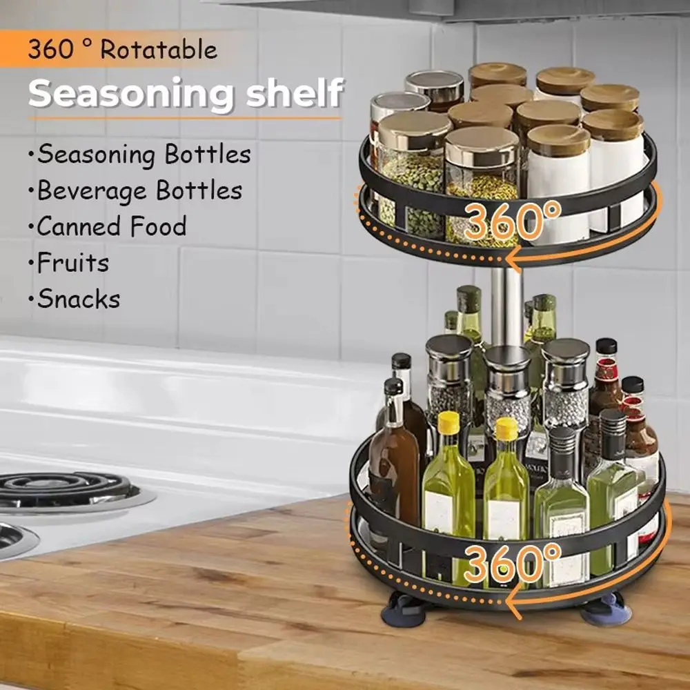 

360° Rotation Spice Rack Organizer Non-Skid Base Multi-layer Kitchen Storage Tray Round Carbon Steel Condiment Rack