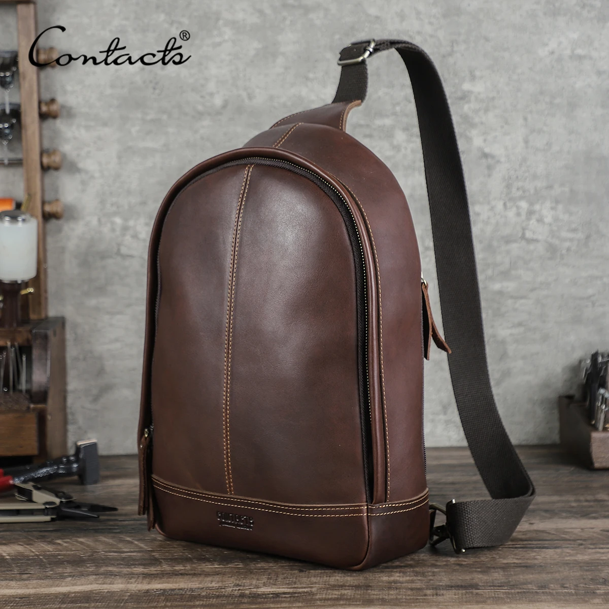 CONTACT'S Genuine Leather Single Shoulder Bags for Men Chest Bag Crossbody Bag Side Bag Male Messenger Bag for 13.3
