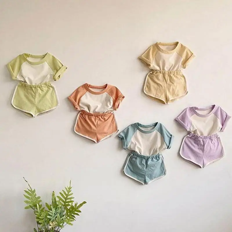 2026 Summer New Baby Short Sleeve Clothes Set Boys Girls Patchwork T Shirts + Shorts 2pcs Suit Cotton Casual Toddler Outfits