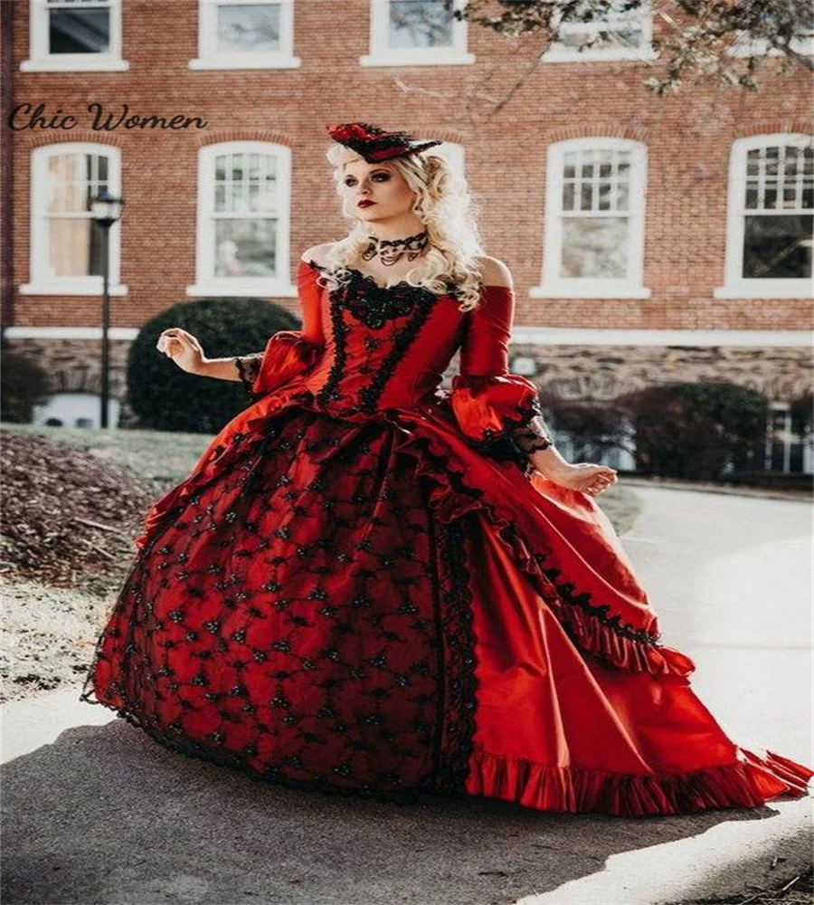 Black And Red Renaissance Gothic Wedding Dress Georgian Countess Veronika Victorian Off Shoulder Lace Medieval Rococo Customized