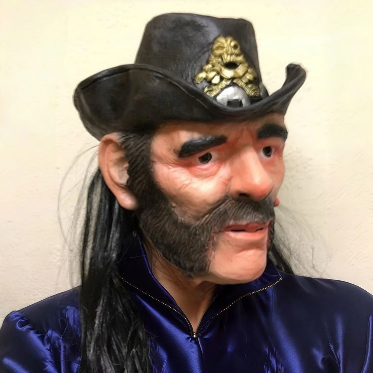 Máscara de celebridad Lemmy Kilmister para adultos con sombrero y peluca de látex de goma accesorio de disfraz de vaquero para anciano cantante Pop