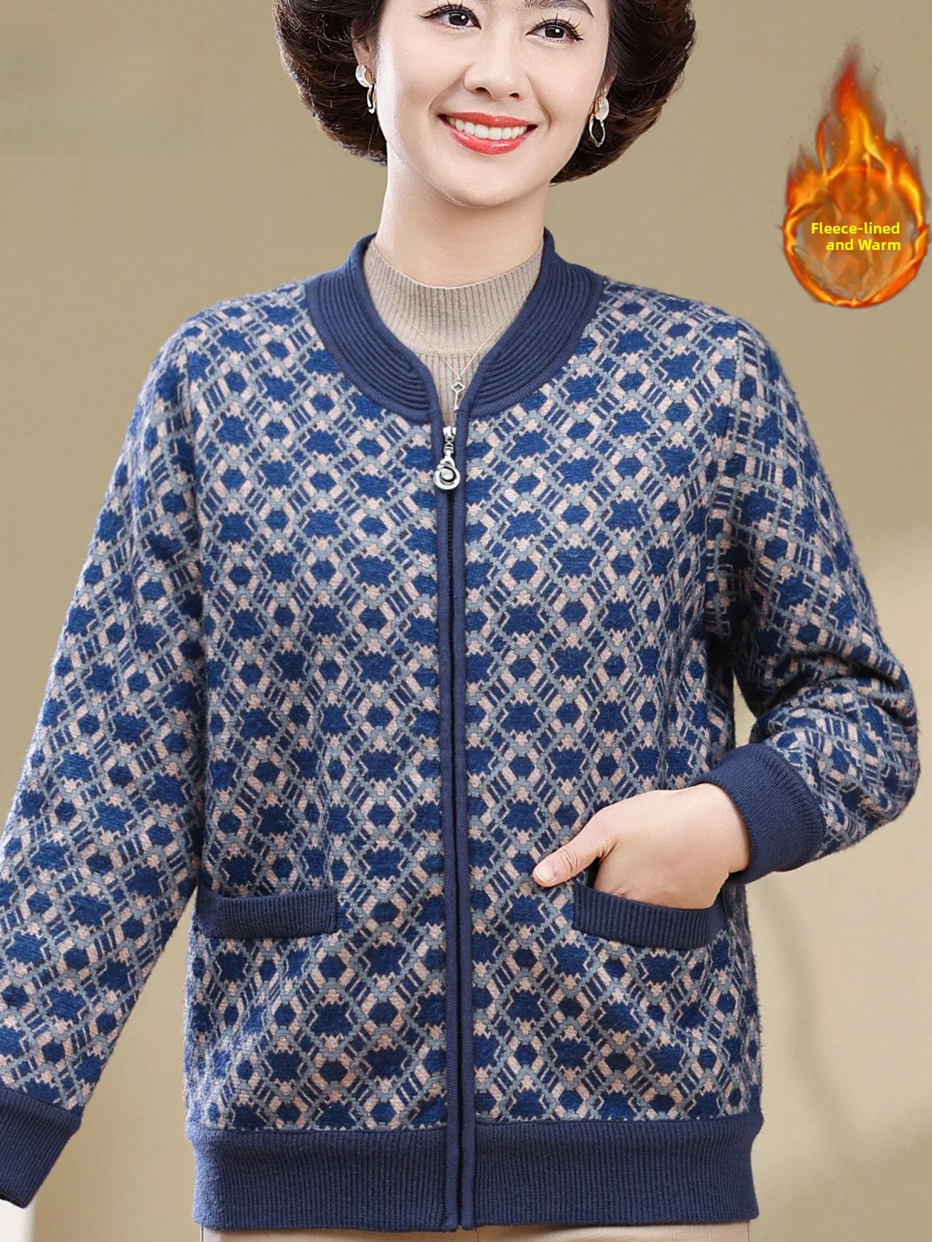 

Thiened Fce вязаный свитер с бейсбольным воротником пальто для женщин среднего возраста и ли модная теплая верхняя одежда большого размера