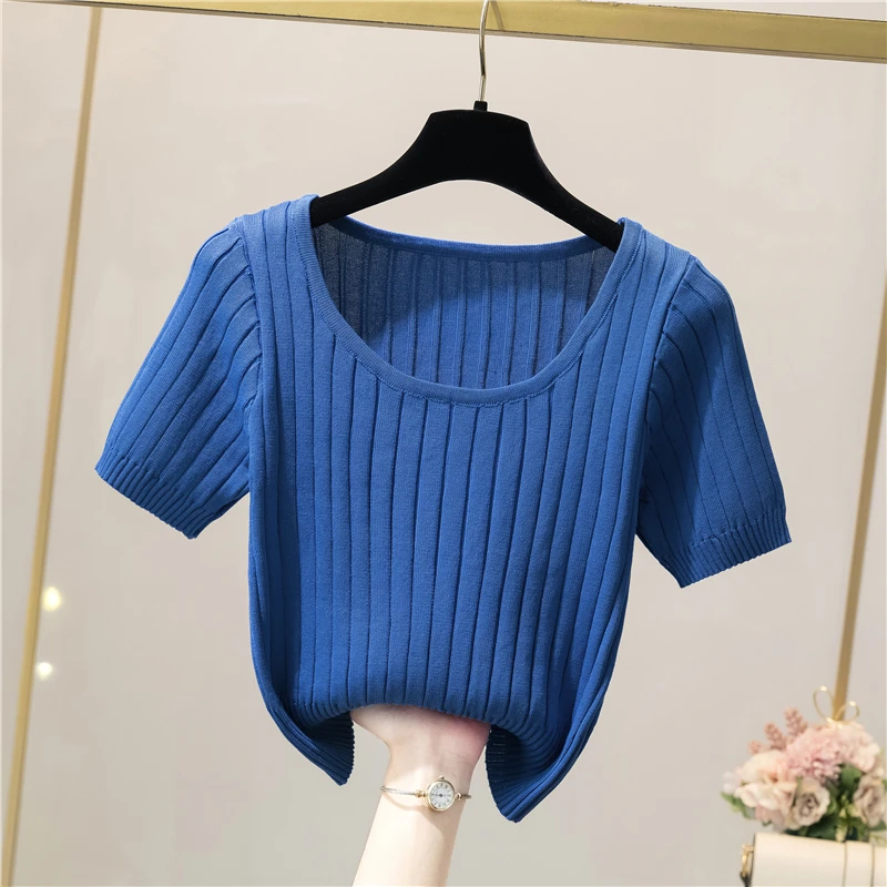 Y2k Cropped Tank Tops Für Mädchen Weiß Blusen T-shirts Stricken Schwarz T Shirts Koreanische Sommer Streetwear Frauen Tees Blau Kleidung