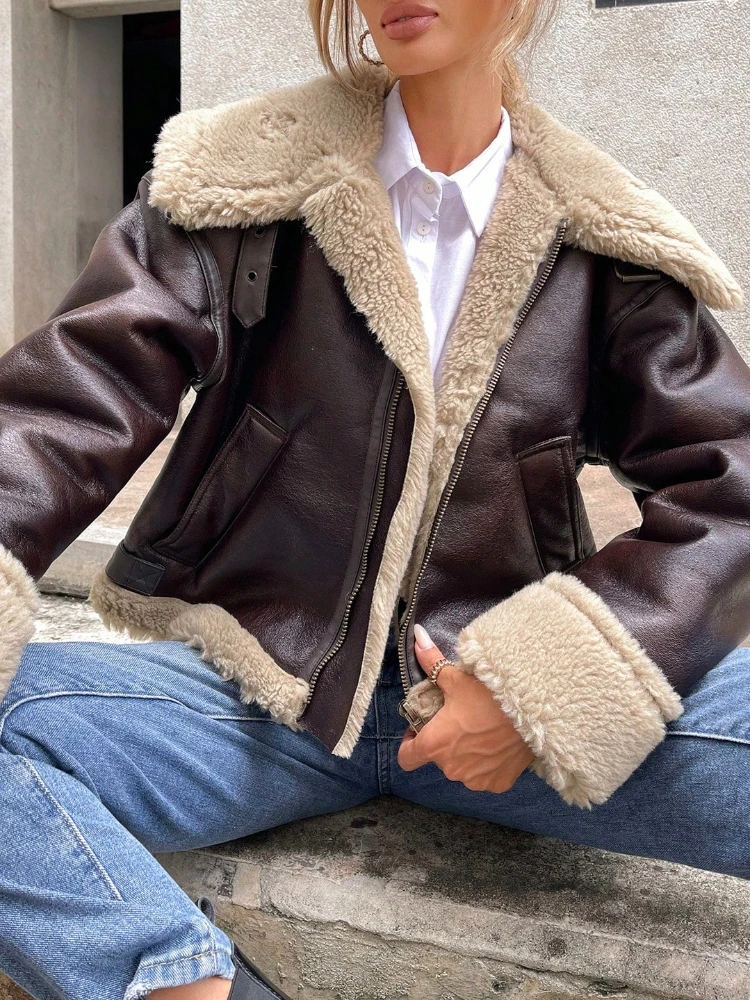 Fitaylor Winter Women Faux Fur Leather Jacket High Street Motorcycle Outwear Casual Lady Thick Warm Leather Jacket