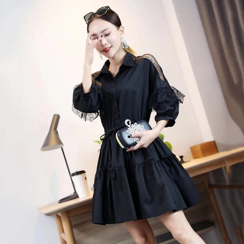 

Women's Lace Stitching Shirt Dress 2023 Spring Summer New Fashion Slim Lace-Up Korean A-Word Dresses Female Clothes