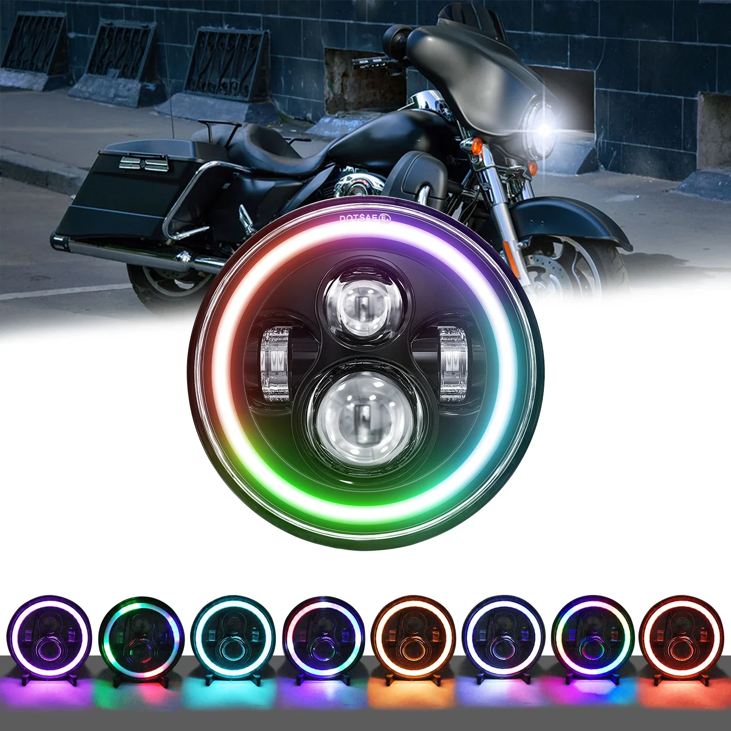 Car LED Headlights 7 Inch Wrangler Motorcycle Headlights Off-road Vehicle LED Headlights Colorful Angel Eyes