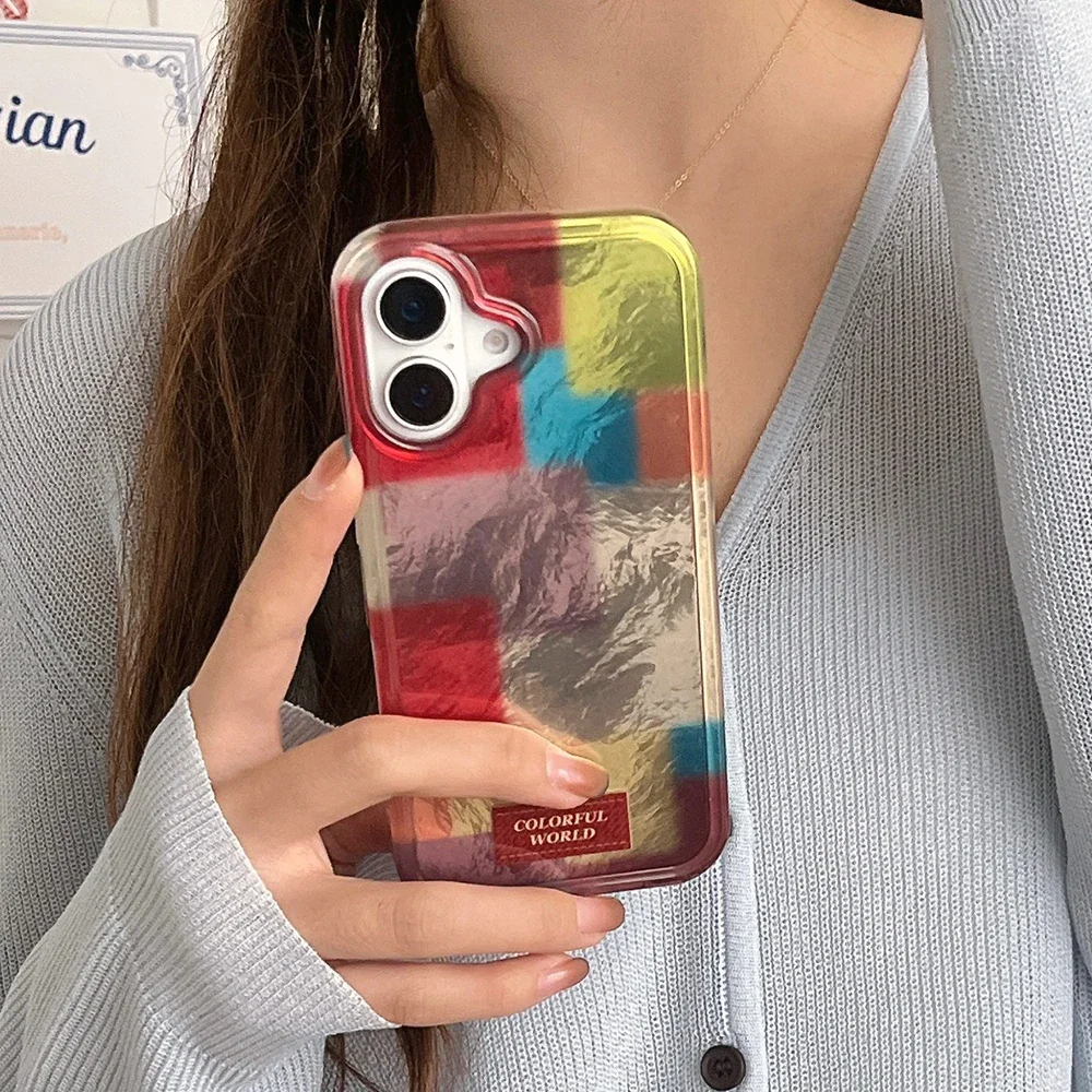 Ins Colored Plaid Phone Case for IPhone 16 15 14 13 12 11 Mini Pro Max X XR XSMax 7 8 Plus Glacier Pattern Shockproof Soft Cover