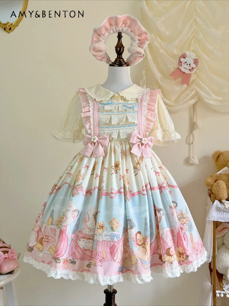 Waltz Evening Party Elegant Temperament JSK Lolita Dresses Sweet Bow Cute Cartoon Print Slim Tutu Dress Princess Dress for Women