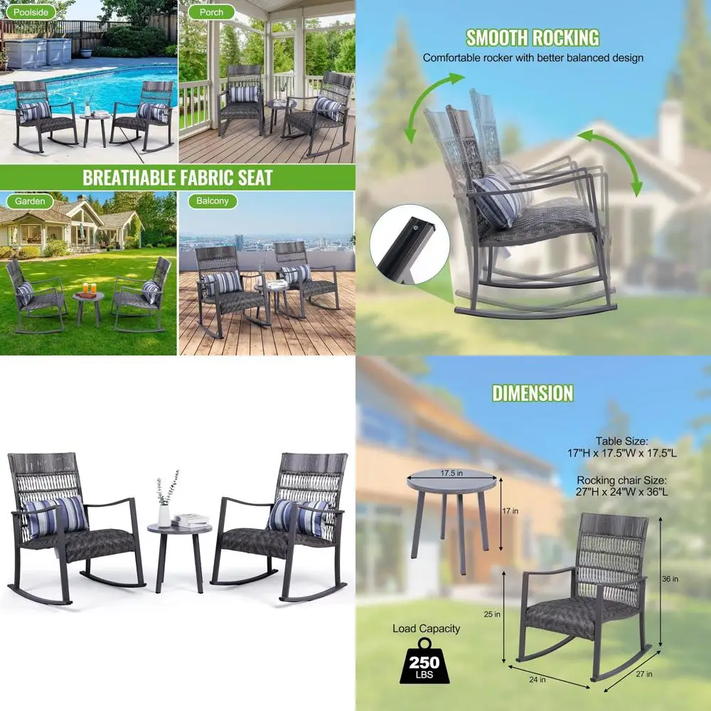 

Backyard Exprions 3-Piece Wicker Patio Rocking Chair Set – Outdoor Rocker Chairs with Cushions and aux Stone Table, All-Weather