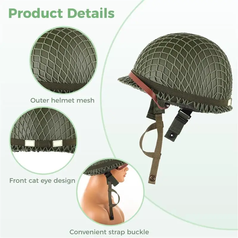 Army Green M1 Helmet US Army Helmet WW2 Gear Helmet Metal Steel Shell Replica Helmet With Net Canvas Chin Strap Cat Eye Band