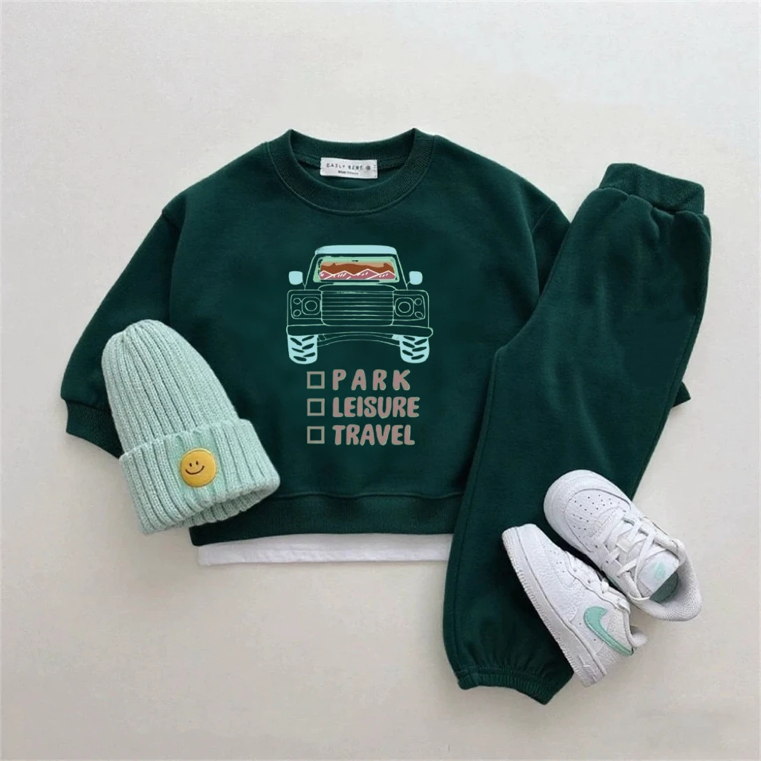 Cartoon Hoodie +Pants 2pcs Boys Little Car Sweatshirts Sets Baby Solid Color Pants Casual Loose Tops Toddler New Design Outfits