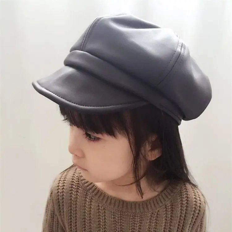 PU leather Simple Children Beret Elegant Girls Female Hats Vintage Octagonal Casual Boina Autumn Cap 4-11Year Old