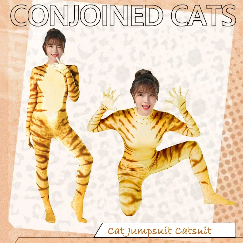 Sexy Aimal Print Bodysuit Women Cat Jumpsuit Catsuit With Gloves Rave Club Slim Bodycon Zentai Suit Halloween Cosplay Costume