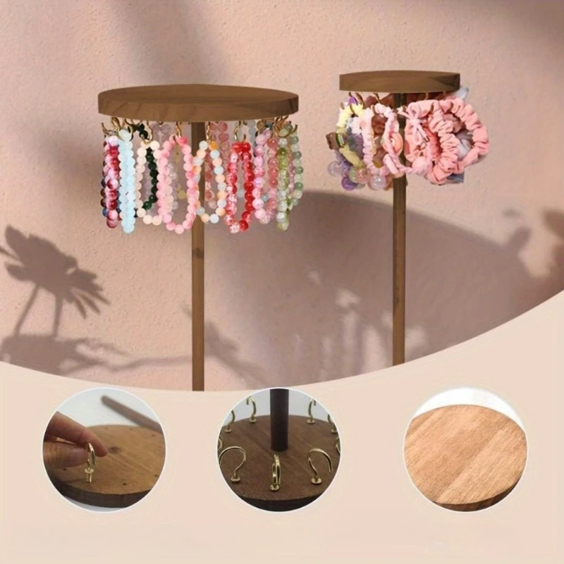 Solid Wood Jewelry Display Organizer Holds Necklaces Earrings Bracelets with Metal Hooks Wooden Desktop Stand Storage Rack