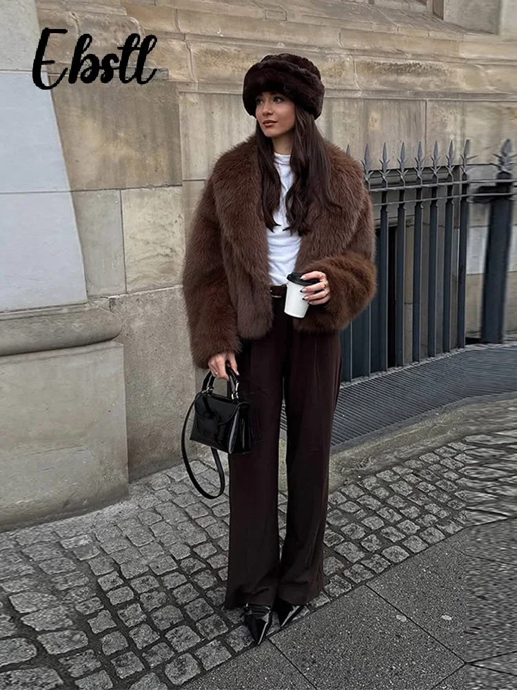 الصلبة البني رقيق الفراء معاطف النساء Vintage التلبيب كم طويل رشاقته الدافئة سترة 2025 الخريف الشتاء جديد الإناث شيك فضفاض أبلى