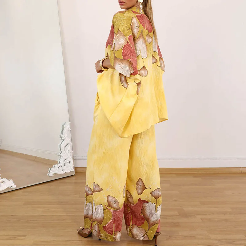 

Женский модный длинный брючный костюм с лацканами и пуговицами, повседневный комплект из двух предметов с длинными рукавами и принтом, элегантная рубашка и широкие брюки, комплект для поездок на работу