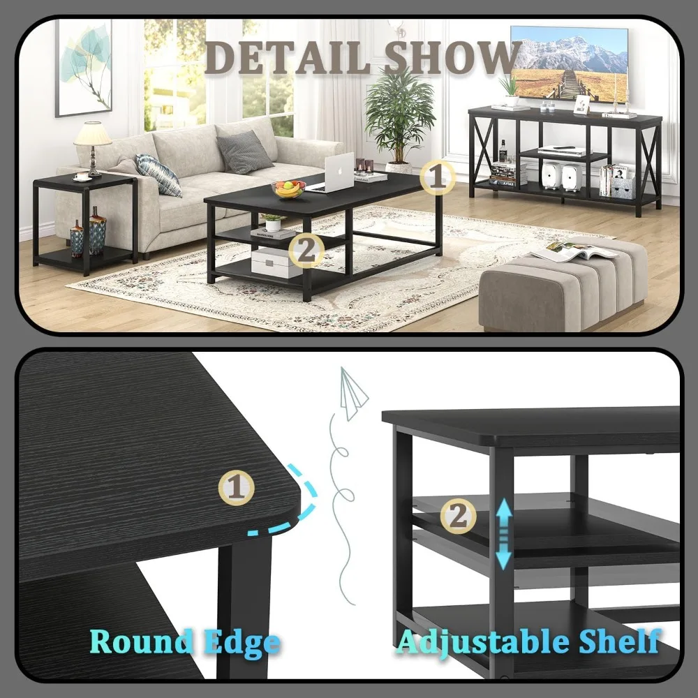 Rustic Modern Coffee Table with Storage Shelf, 47 Rectangular Living Room Furniture