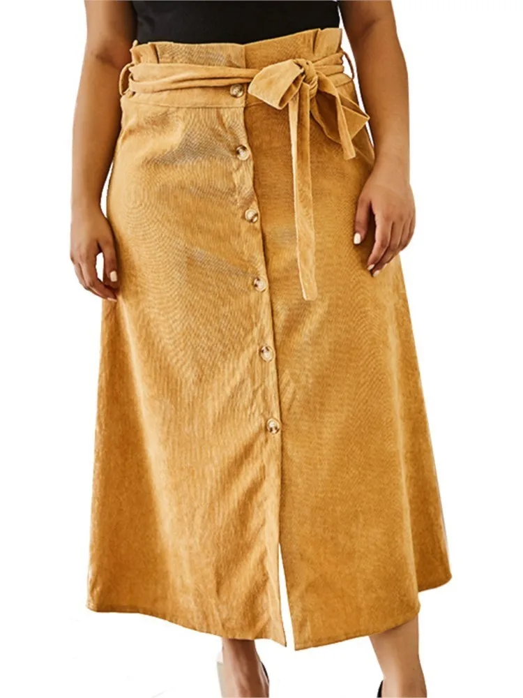 Plus Size Spring Corduroy Long A-Line Skirts Women Bow Fashion High Waist Ladies Skirts Casual Loose Split Pleated Woman Skirts