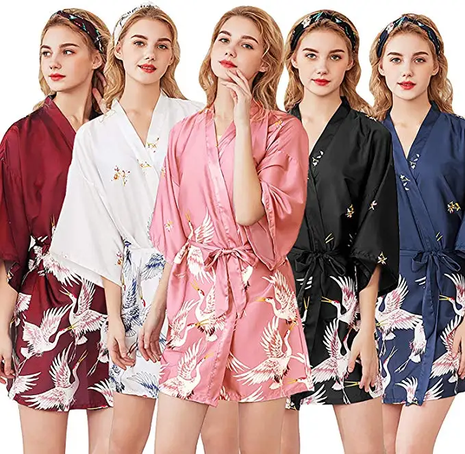 

Women Silk Satin short Wedding Bride Bridesmaid Robe Kimono Robe Feminino Bath Robe Large Size Peignoir Femme Sexy Bathrobe