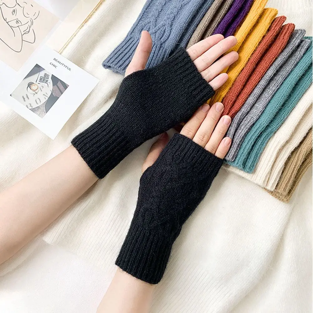 Solid Color Elastic Driving Gloves Fingerless Mittens Plus Velvet Female Gloves Twist Gloves Knitted Mittens Half-finger Gloves