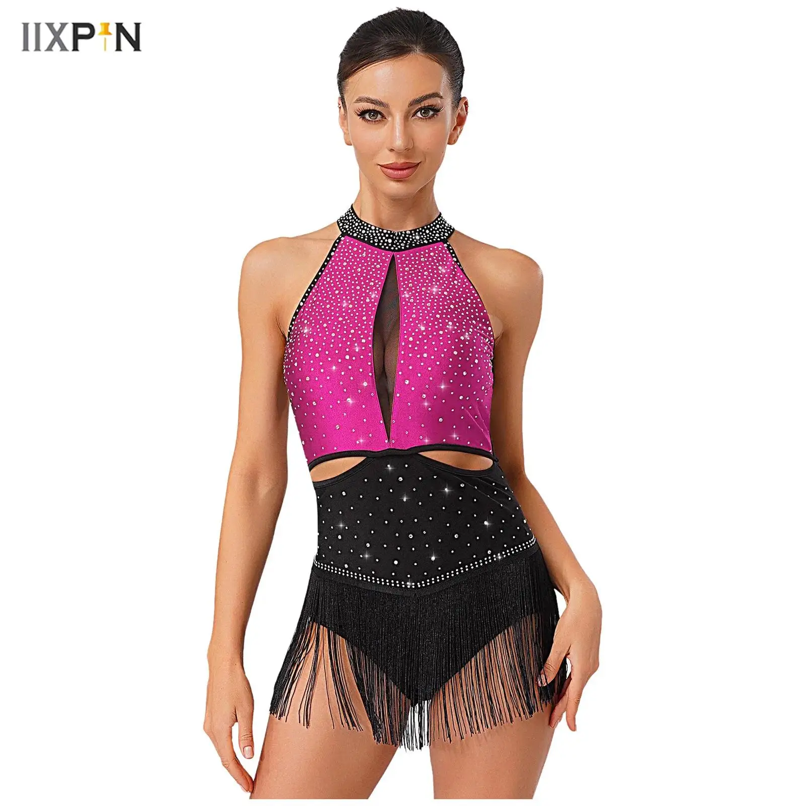 

Women's Latin Jazz Dance Leotard Allover Rhinestones Tassel Skirt Backless Contrast Color Bodysuit for Gymnastic Chacha Rumba