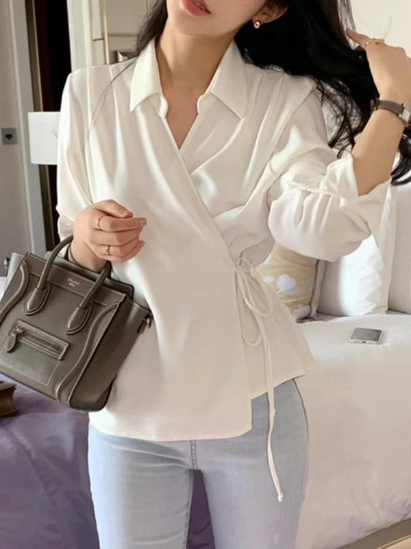 

Белый длинный све женский с завязкой на талии, приталенный крой, повседневный V-Ne Design Sense irt Ele Sle, весна 2021, чистый цвет