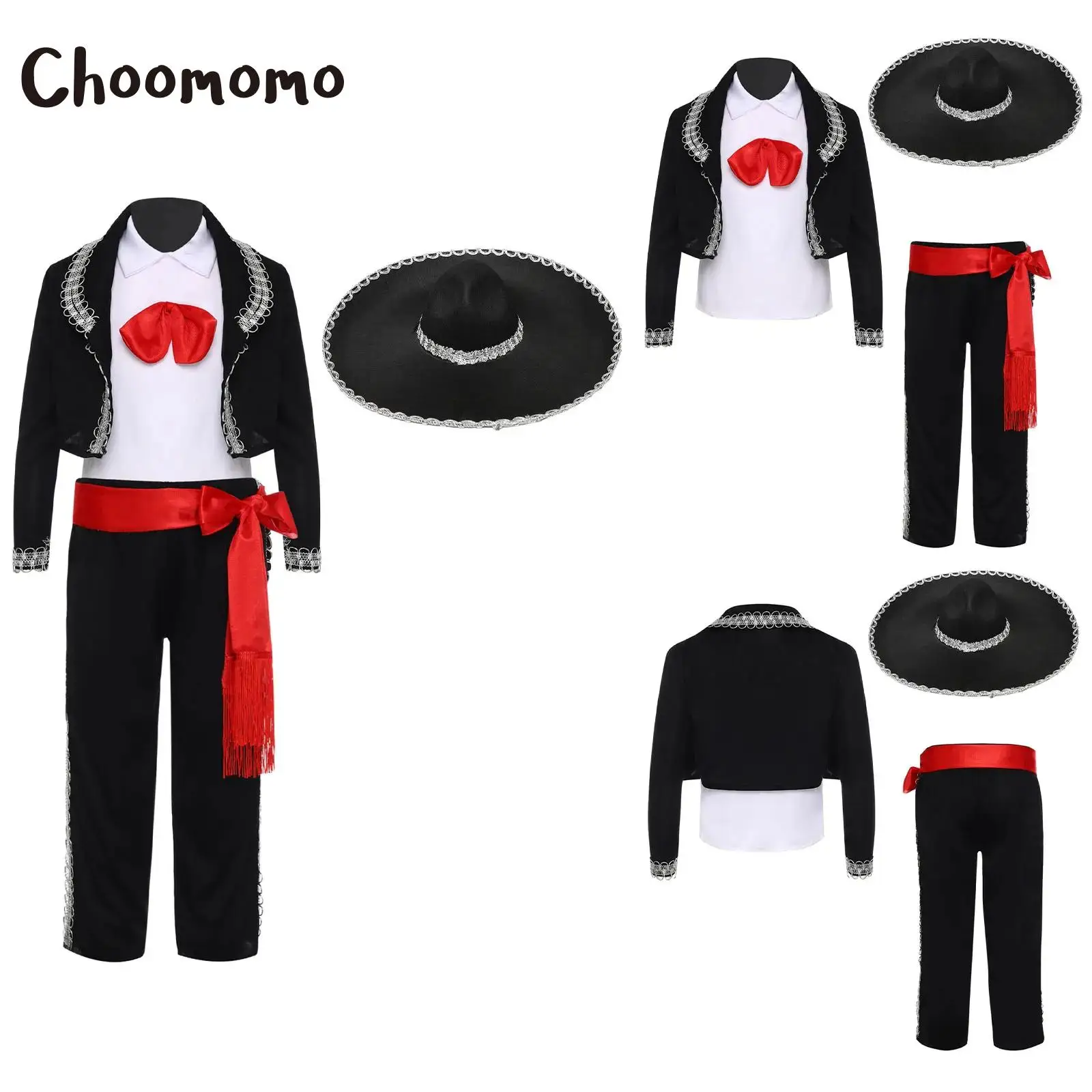 للجنسين الفتيات الفتيان مارياتشي فستان الأداء المكسيكي زي هالوين المكسيكي تأثيري سترة السراويل سترة حزام الخصر قبعة الدعاوى