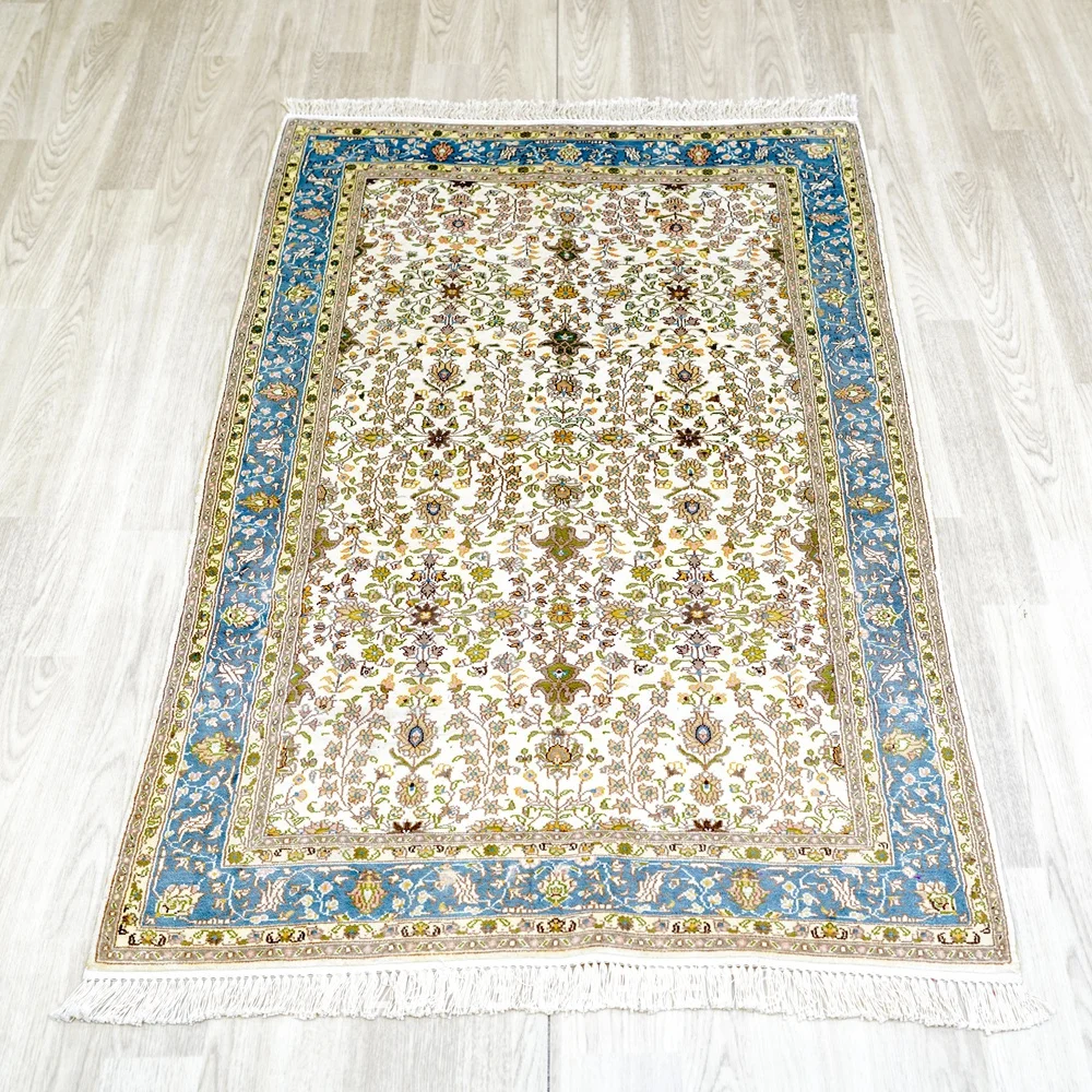 91x152cm Antique Hand Knotted Silk Blue Carpet Handmade Rugs (YJH076B)