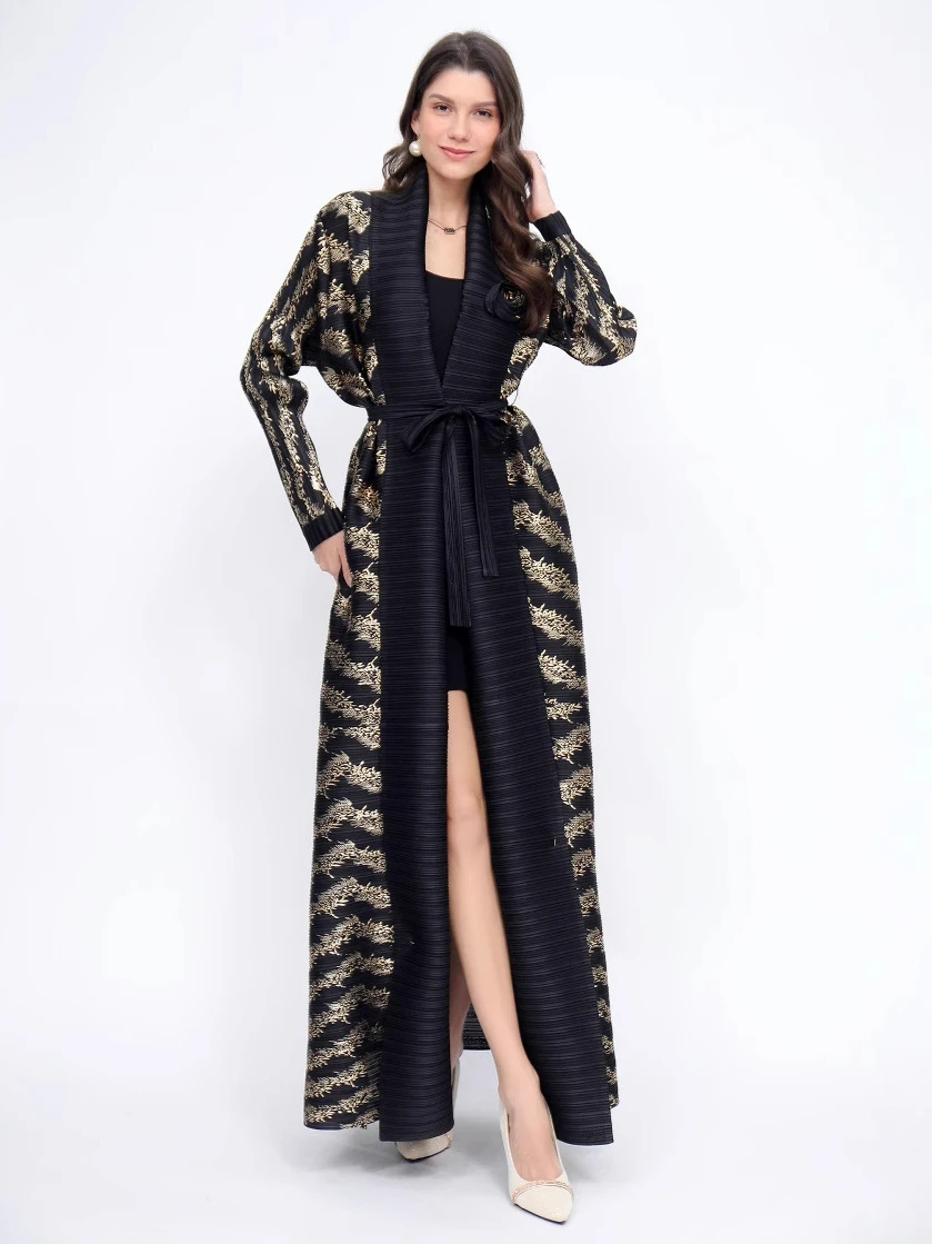 YUDX Pleated Hot Stamping Women's Abaya Sequin Cardigan Long Sleeve Design Loose Plus Size Tie Arabian Robe 2024 Autumn New