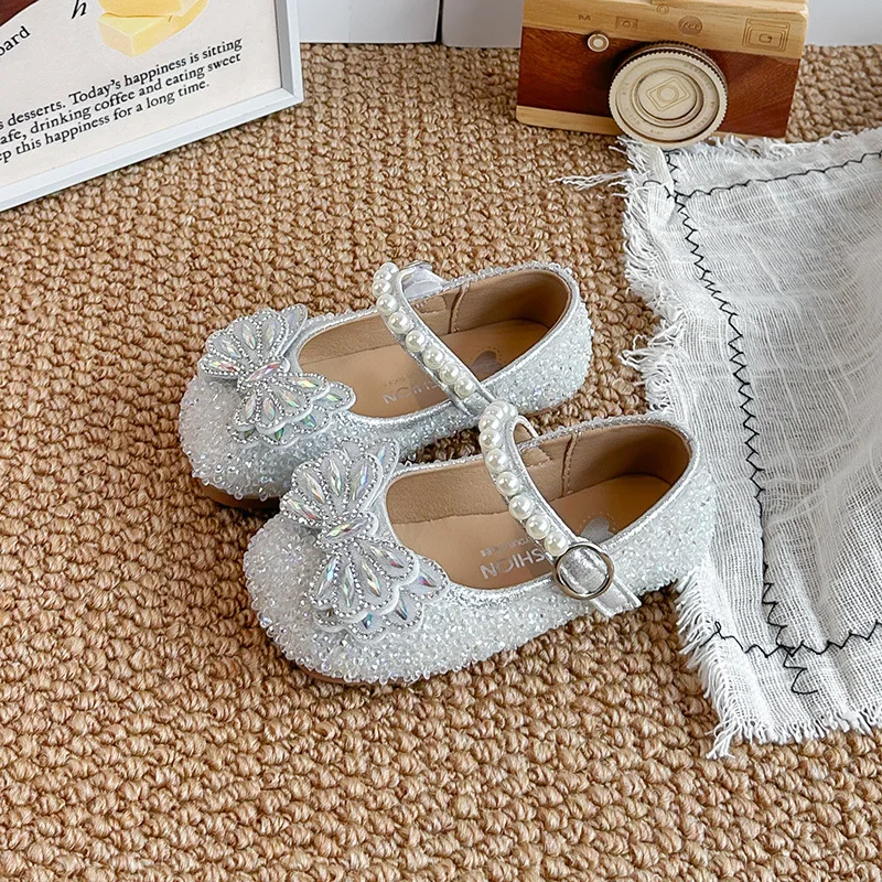 JGSHOWKITO Luxury Girls Princess Sequins Flat Shoes Kids Rhinestone Leather Shoes Wedding Party Perform Children Mary Jane Shoes