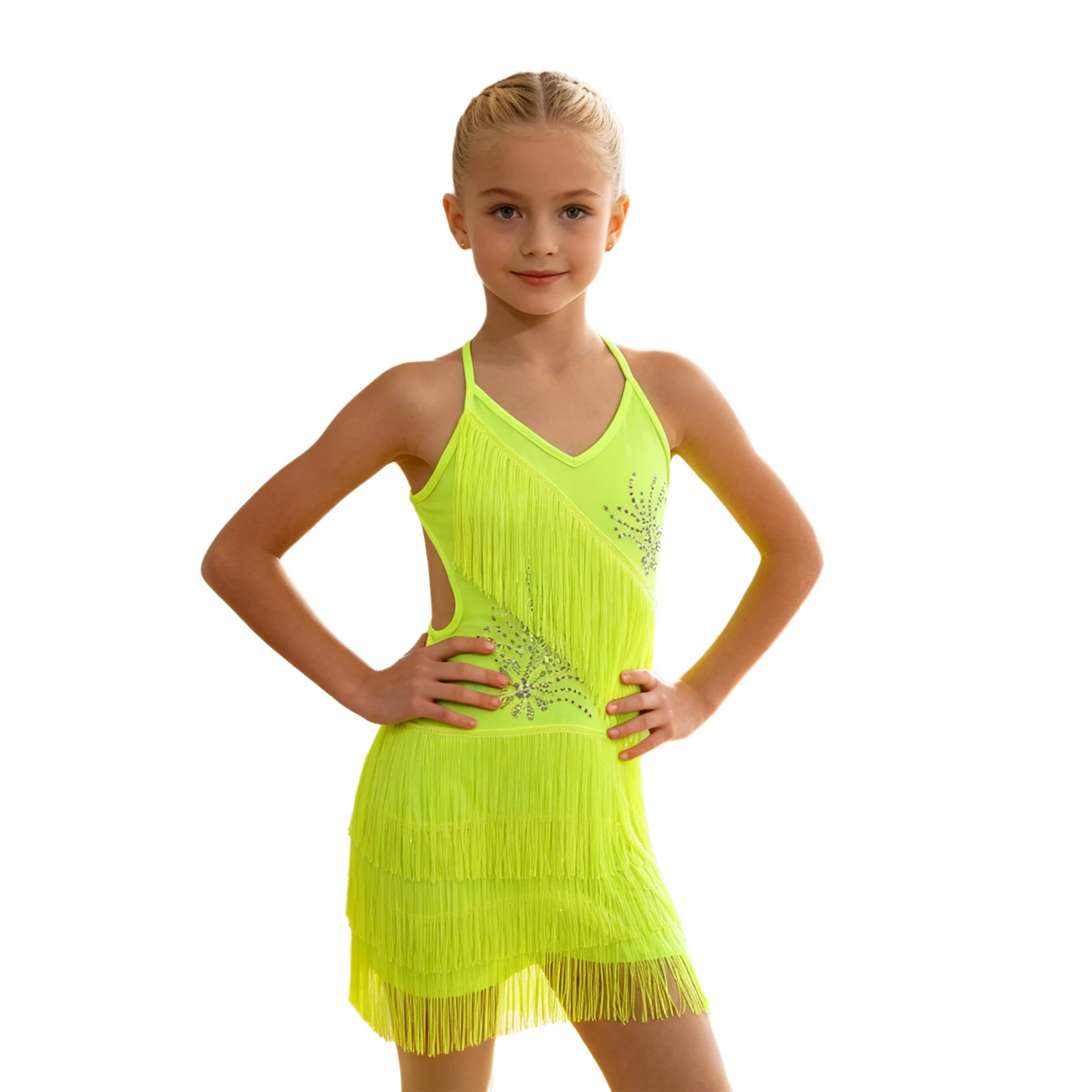 Kids Girls Latin Jazz Rhythmic Dance outfit Tassel Rhinestones Sleeveless Dress Gymnastics Stage Practice Performance Costume
