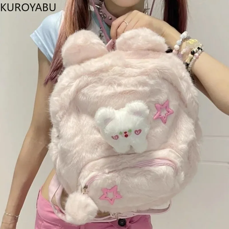 Harajuku Y2k Backpacks for Women Gothic Lolita Punk Pink Furry Y2k Backpack Autumn Winter Plush School Bag Tote Mochila Mujer