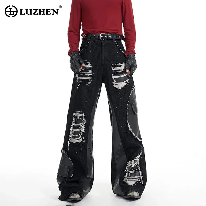 LUZHEN PU Leather Splicing Jeans Rivet Decoration Patched Design High End Handsome Streetwear Wide Leg Denim Pants Male LZ8284