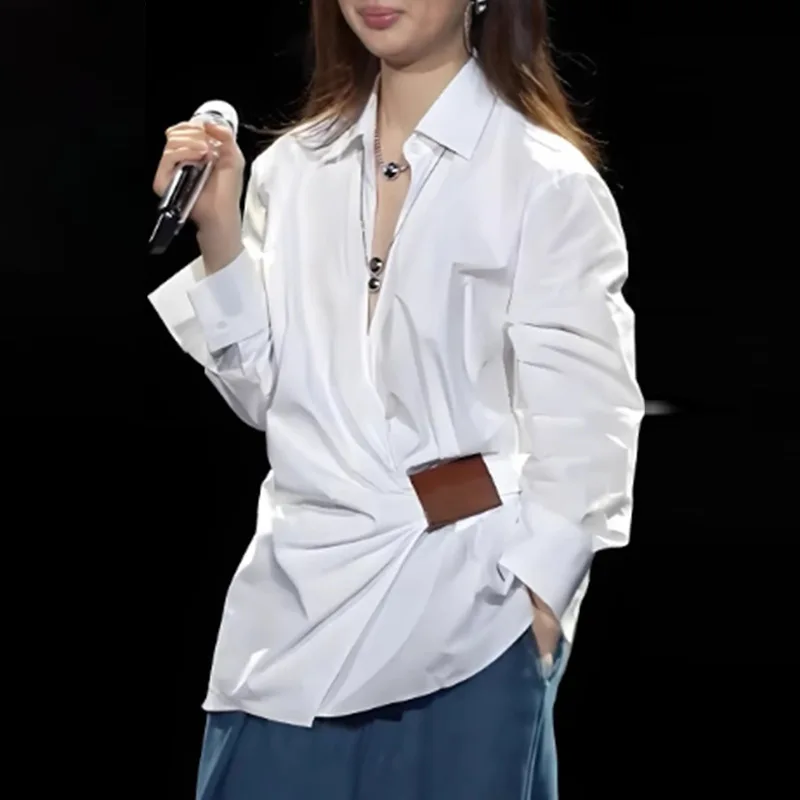 

Beautyblue Women's White Shirt Casual Long Sleeve New Loose Buttoned Pleated Solid Color Irregular Lapel Blouses Tops for Female