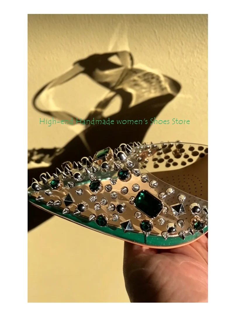 Pointed Transparent Material Green Irregular Rhinestone Decoration High Heels Women's Shoes Shallow Ankle Clasp Banquet Shoes