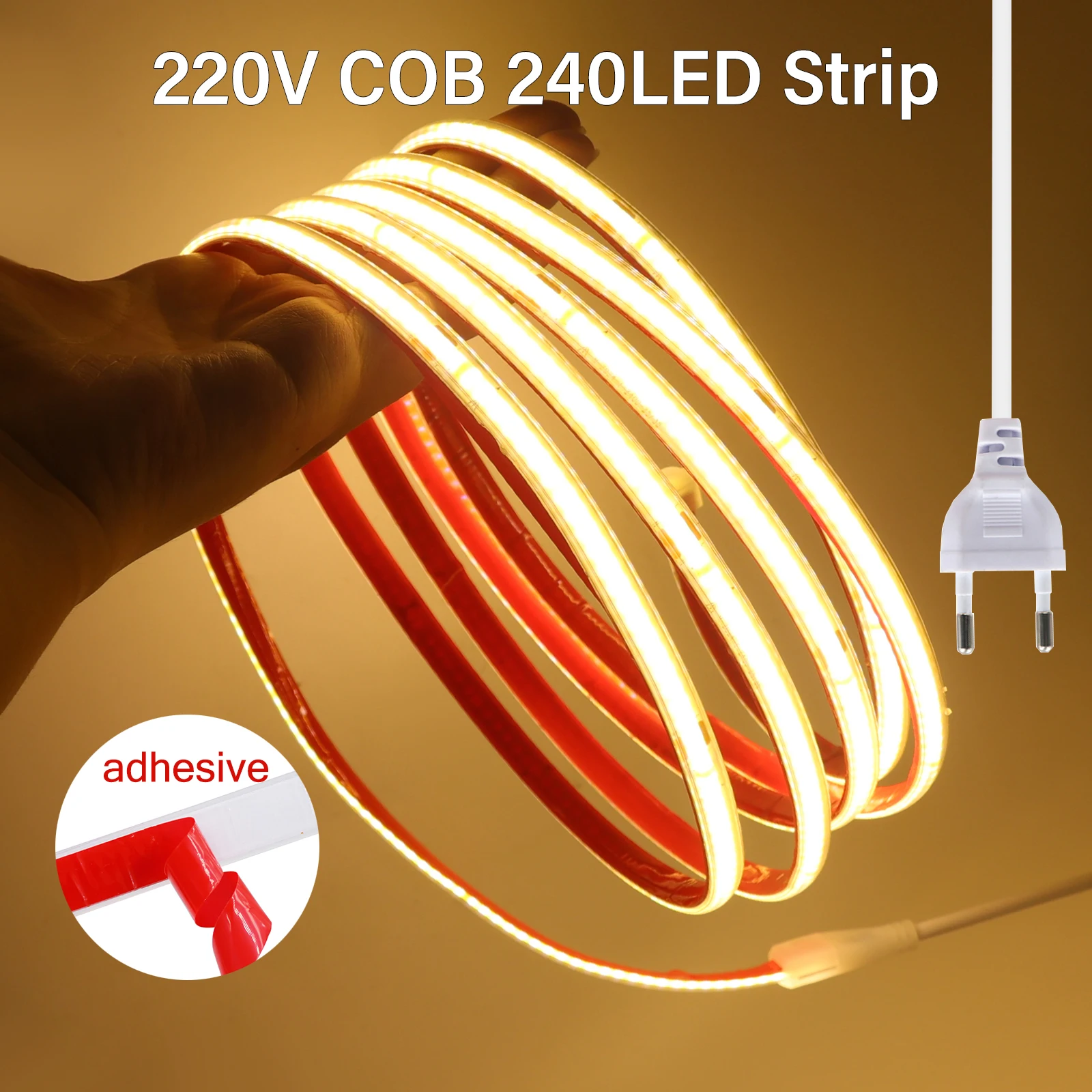 220V COB Led Strip Self-adhesive IP65 Waterproof No Need Driver Flexible Ribbon Linear Lighting for Kitchen Room Outdoor Garden