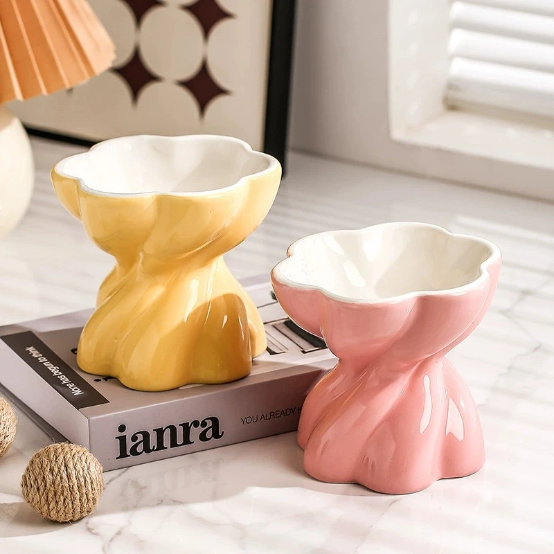 Flower Shaped Elevated Ceramic Cat Bowl, Raised Pet Food Water Bowl for Cats, Anti-Vomiting Kitten Feeder