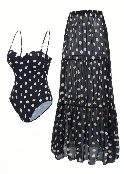 

Summer Fashion Slim Beach Vacation Sets Women Casual Party Set Sexy Tube Tops Halter Polka Dot Bodysuits&Half Skirts Bikini Sets