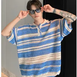 American retro striped contrasting knitted polo shirt loose summer new style lapel casual short sleeved men and women T-shirt