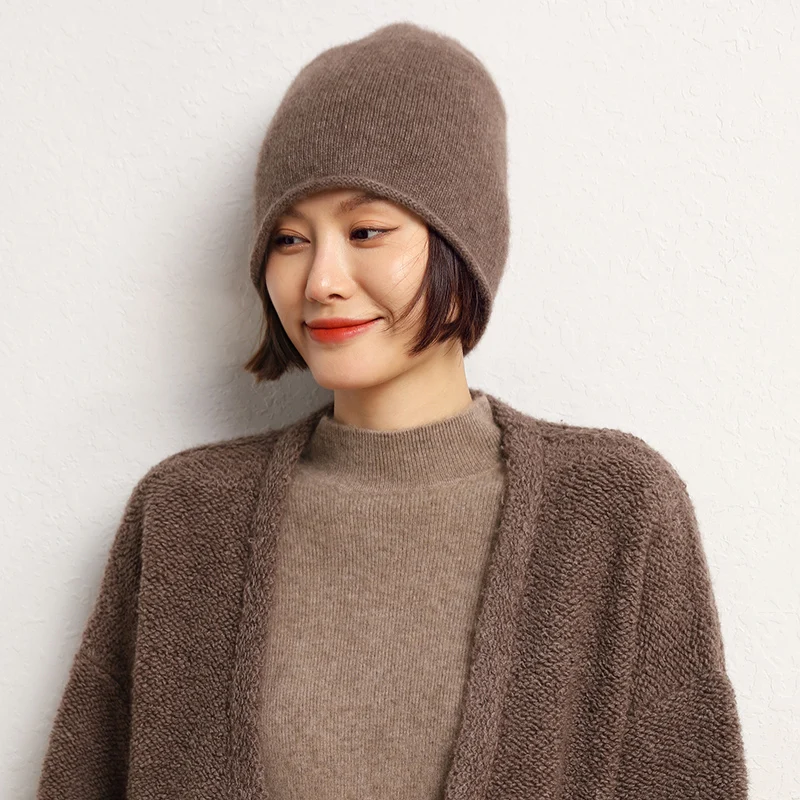 2022 New Autumn Winter Women Hats 100% Pure Cashmere Knitted Headgears Soft Warm Fashion Thick Cap 3 Colors High Quanlity