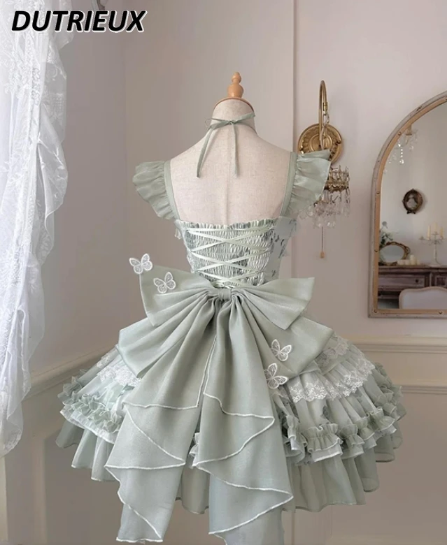 Biało-zielony motyl świeża księżniczka dziewczyna sukienka urodzinowa Lolita śliczne słodkie koronkowe krótkie sukienki bez rękawów z wysokim stanem