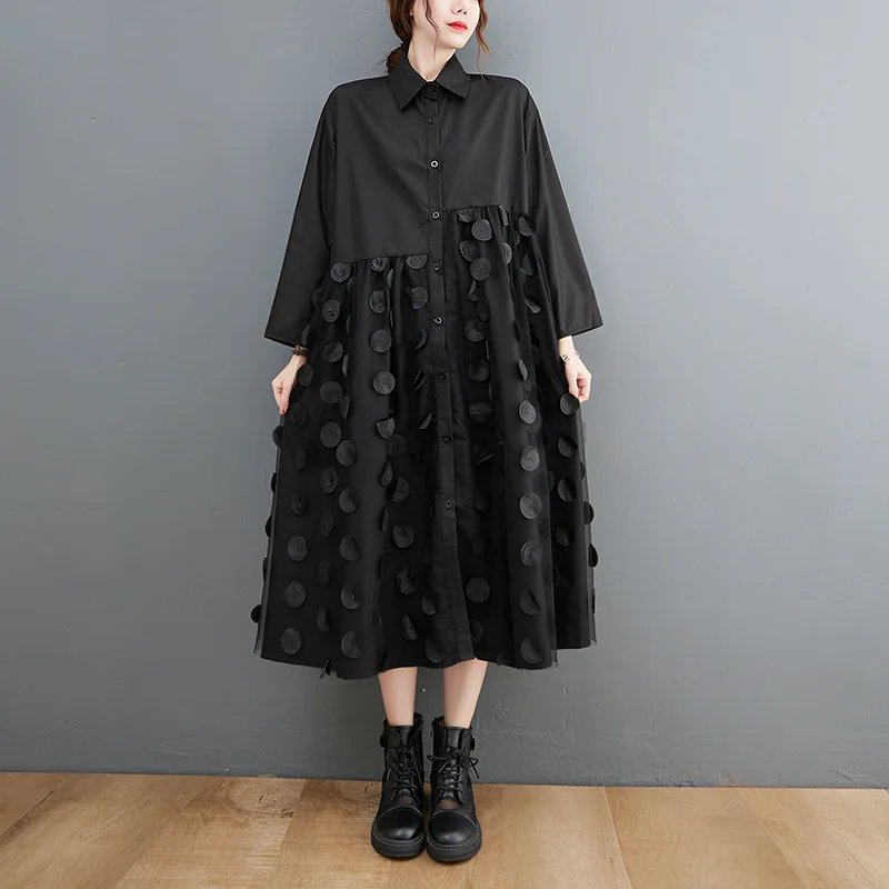 #4014 Spring Midi Dress Women Turn-down Collar Black Shirt Dress Long Sleeves Casual Loose Spliced Mesh A Line Dress Midi Sexy