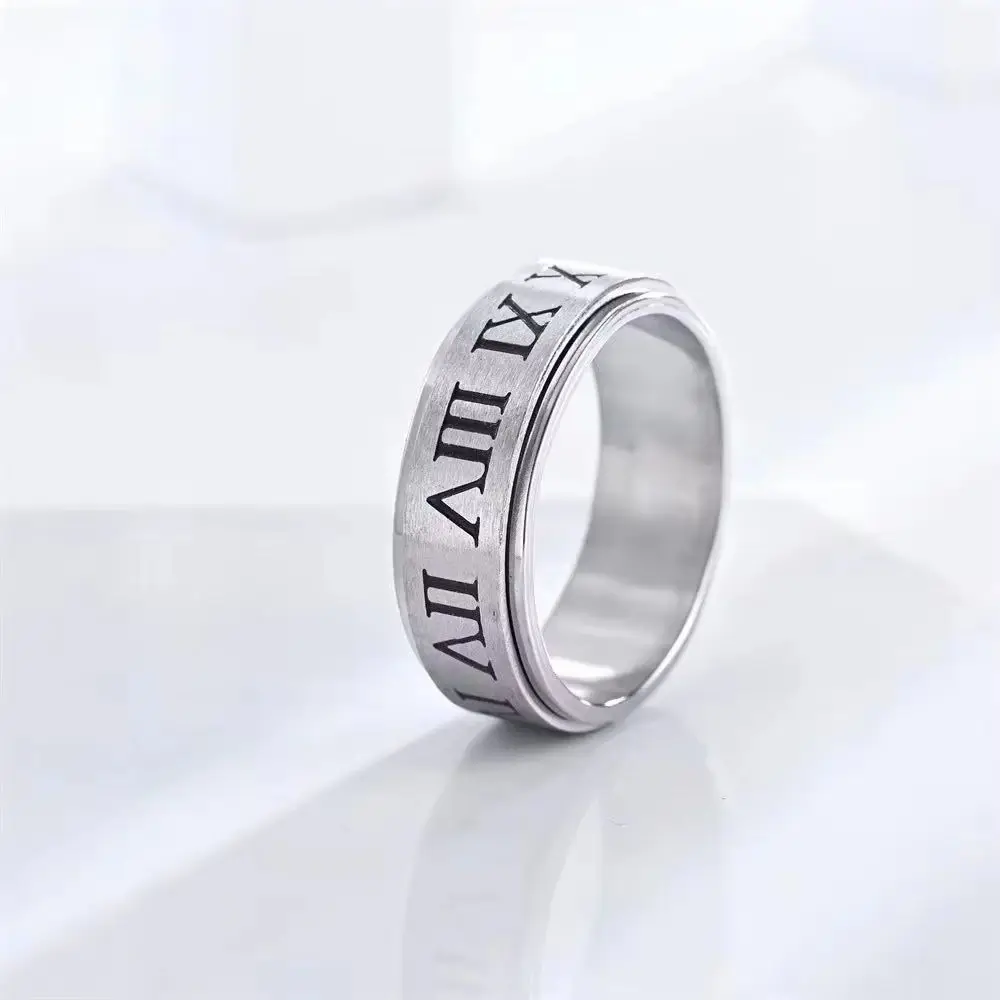 Neutral stainless steel Roman numeral ring with pressure reducing rotating belt and fashion letter ring gifts, reducing anxiety
